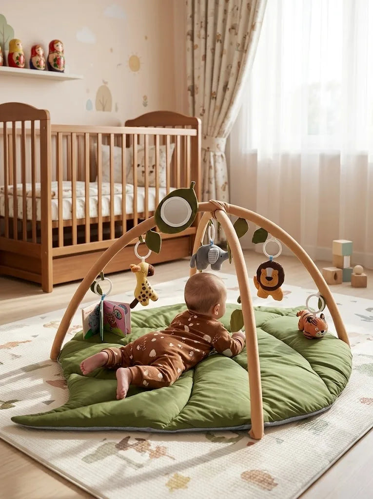 Baby Activity Gym Play Mat Leaf Shaped Crawling Rug with Mirror Sensory Hanging Toys Cloth Book Tummy Time Pillow 0-18M