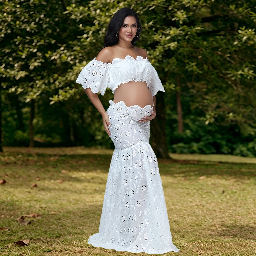 Maternity 2 Pieces Set Dress for Photoshoot Floral Embroidery Ruffle Short Top & Side Slit Long Skirt for Baby Shower
