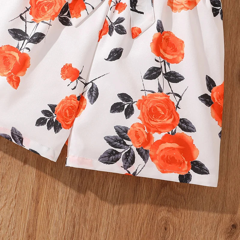 Kids Clothing Sets Tween Girls Outfit Orange Knot-Hem Crop-Top & Flowers Parinted Shorts 2PCS Summer Vacation Sets