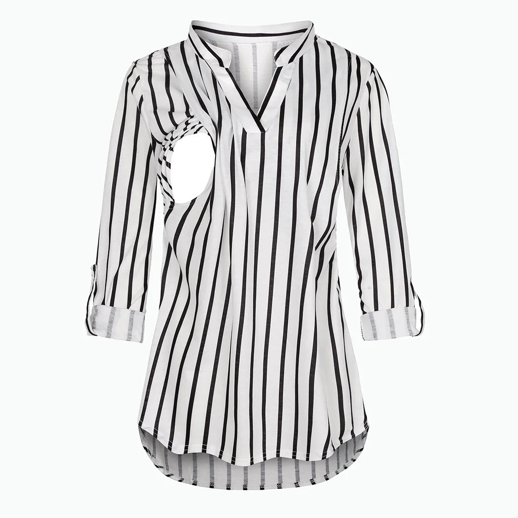 Women's Maternity Breastfeeding T-shirt V-Neck Solid Color Long Sleeve Nursing Tops Clothes for Pregnant Women