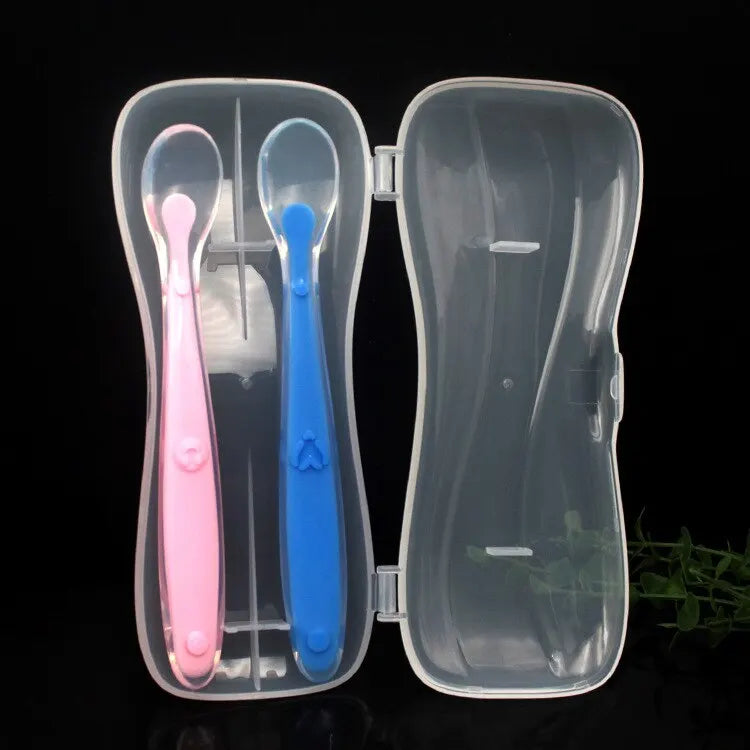 Baby Feeding Spoons 2PCS Set - Soft Silicone & PP Plastic Head - Safe for 6-24M+ Pink Blue Spoons Gift Box