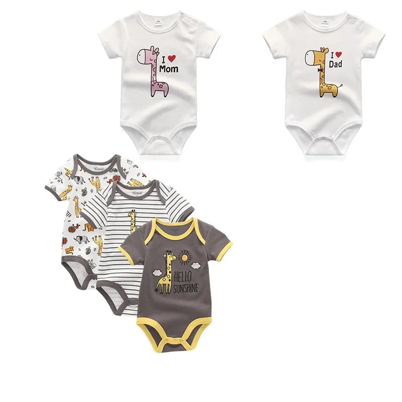 5 Pieces Cartoon Cute Baby Boy Bodysuits Summer Short Sleeve Newborn Girl Onesies Love Dad Love Mom 0-12 Months Infant Clothes