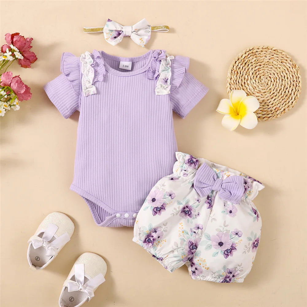 3pcs Baby girl Ruffle edge pit stripe Short sleeved Bodysuit+Elastic Printed Shorts+Bow Headband 0-18 Months Baby Summer Set