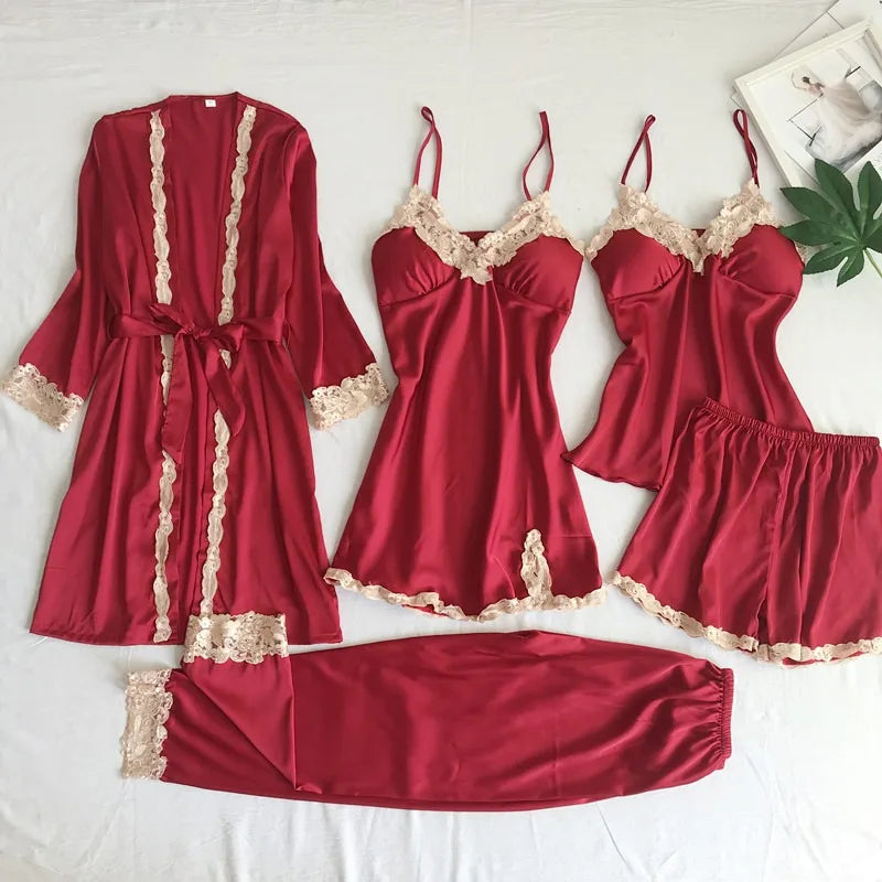 Simulation Silk Pajamas Maternity Wear Five-piece Set Suspenders Women's Loungewear Bathrobes Nightgowns Large Size