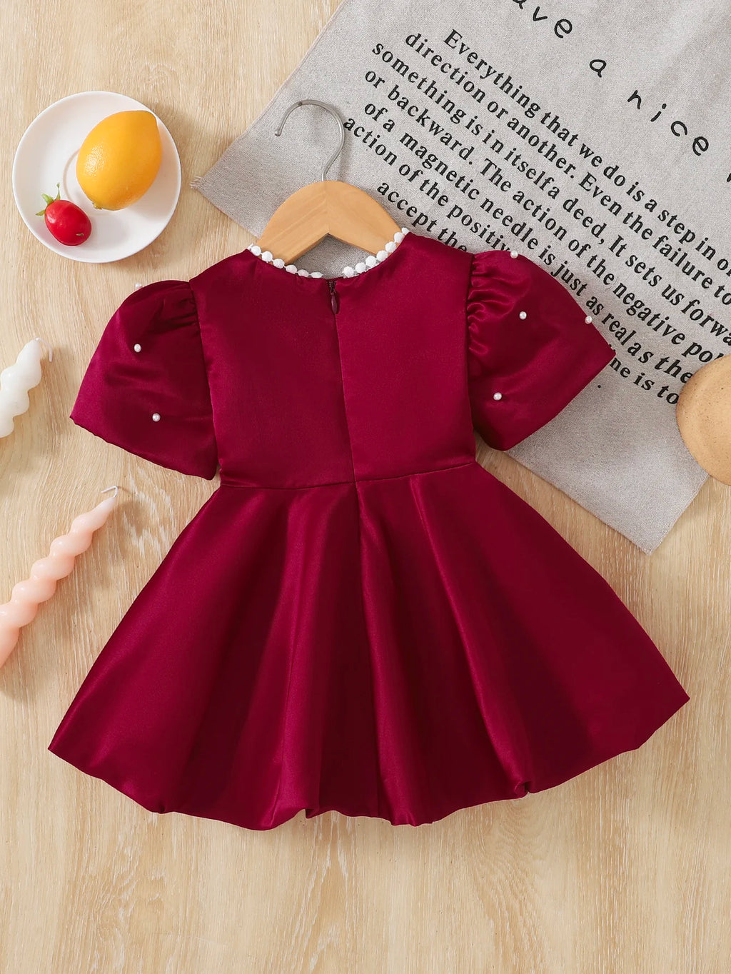 Baby girl Birthday Dress Bubble Sleeves and Pearl Decal wine Red Dress suitable for 0-3 Year old Daby girls Party Princess Dress
