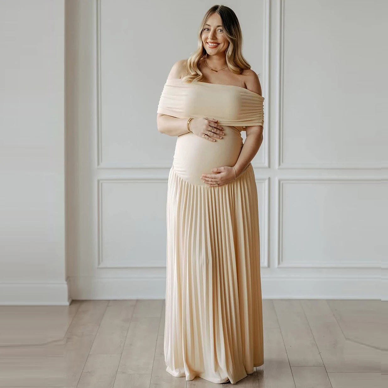Maternity Off-Shoulder Bodycon  Backless Summer Long Dress Pleated  Maxi Gown for Baby Shower Photoshoot