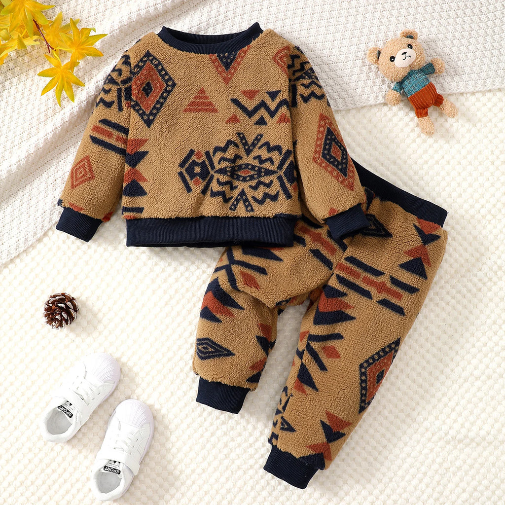 0-3 Year Baby boy Plush Set Geometric Pattern Long sleevedand Pants 2pcs/Set Toddler Baby boy Winter Cold proof keep warm set