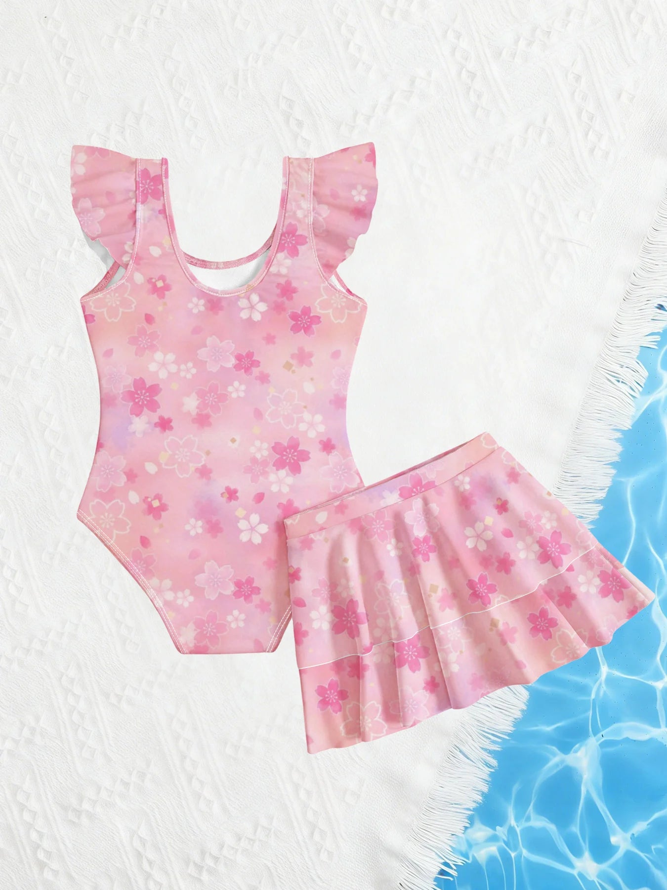 Kids Girls 2 Piece Pink Cherry Blossom Print One Piece Swimsuit with Ruffle Skirt Cover Up Summer Beach Swimwear