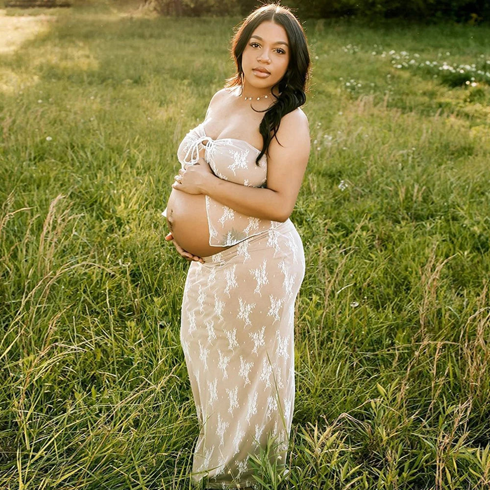 Maternity Lace Splicing Wrap Chest Sexy Long Dress Women Slim See-through Strapless Dress Two-Piece Suit For Pregnant Photograph