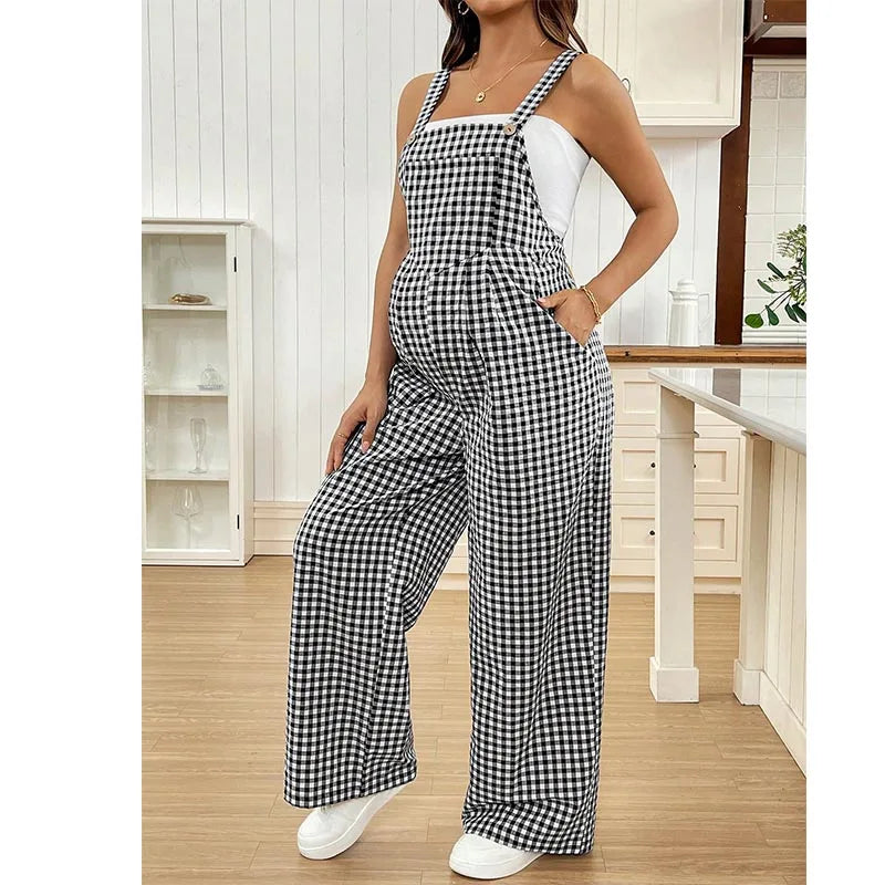 Maternity Overalls Jumpsuit For Spring Summer, Casual Checkered Loose Fit Pregnancy Outfit Model Lof