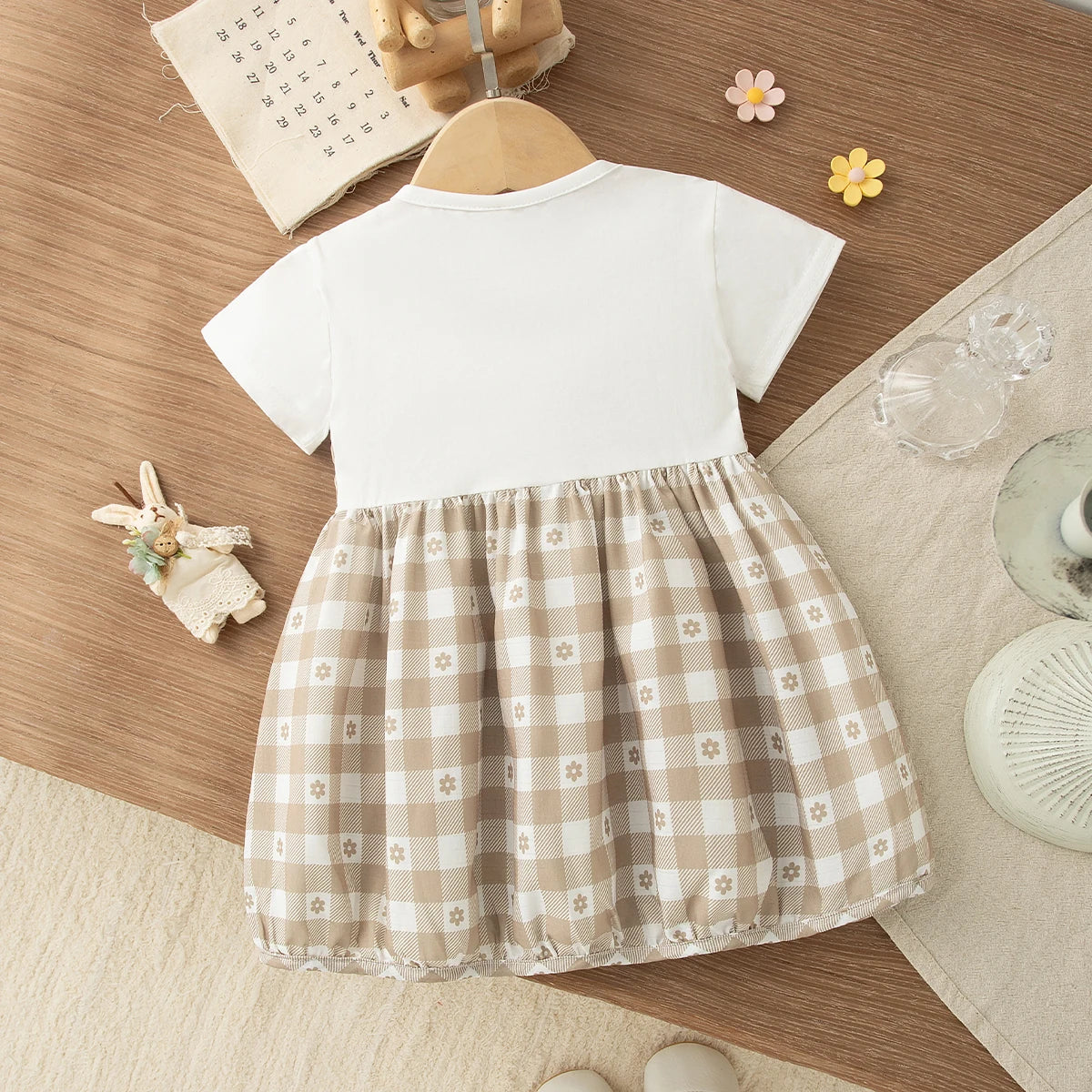 Summer New Sweet Fake Two Piece Baby Girl Dress, Cute Checkered Small Floral Children'S Clothing (3-18 Months)
