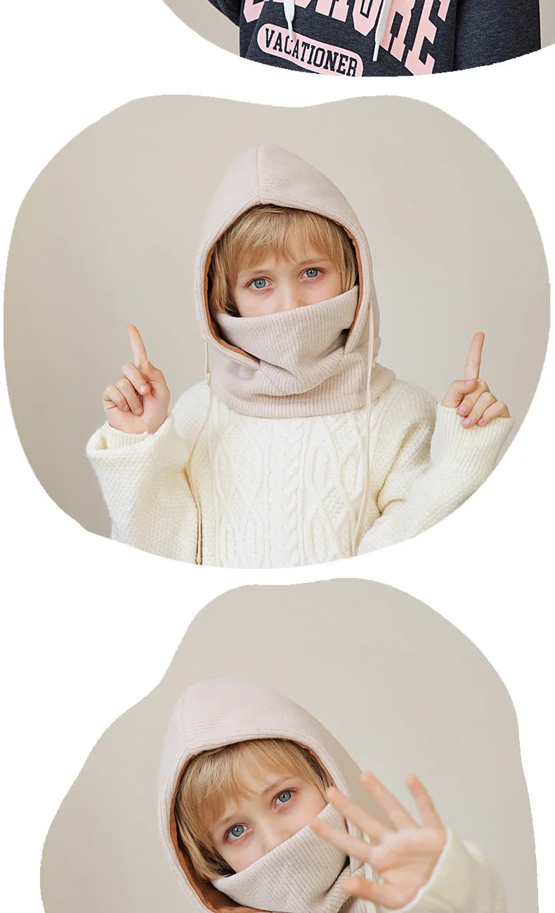 Children Winter Hat Scarf Mask One-piece Ears Neck Warmer Kids Bonnet Hats for Skiing Fleece Lining Child Girls Boys Cap 4-10Y
