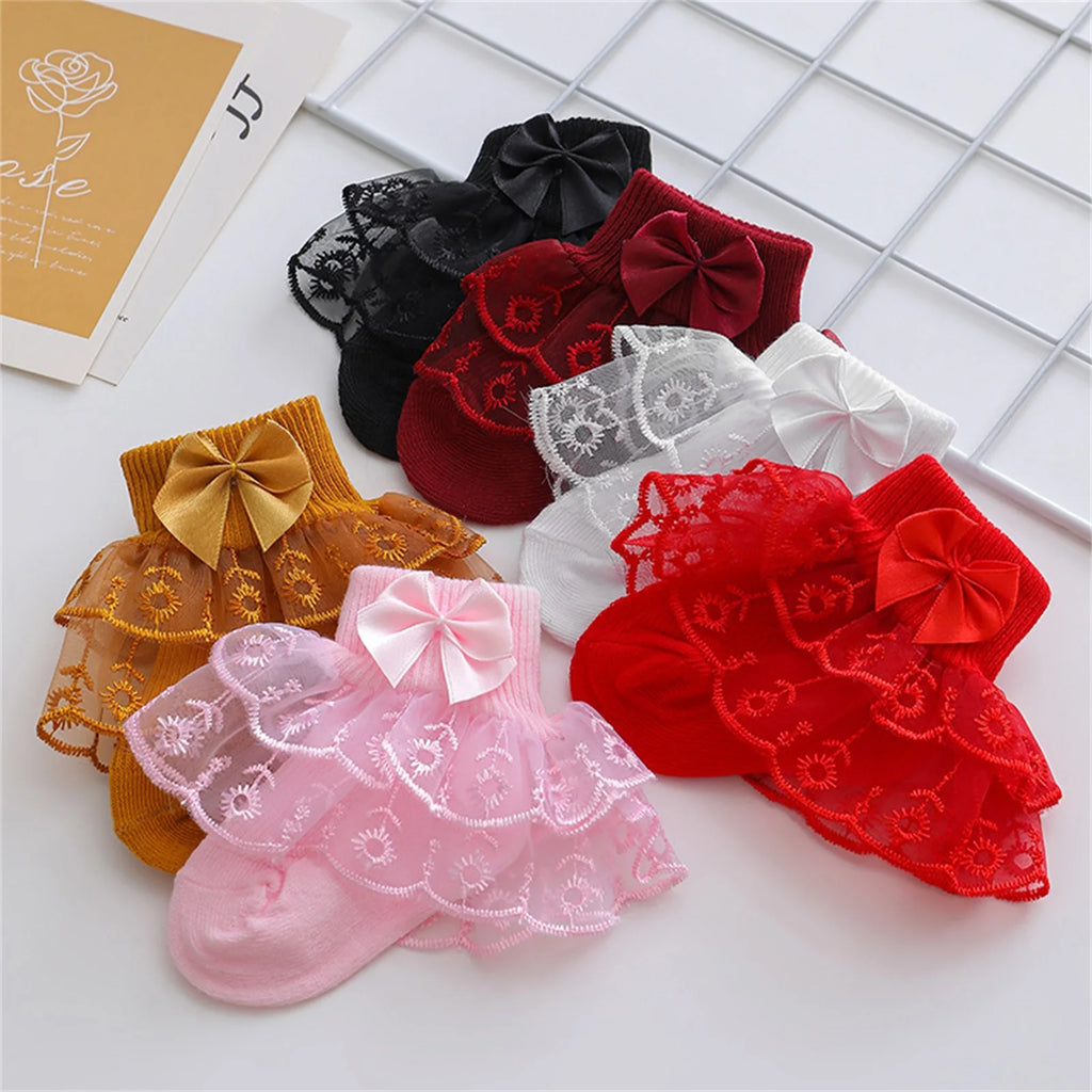 Baby Girls Ruffle Lace Socks, Super Soft Infant Ankle Socks Princess Dress Socks with Bow 3M-2T