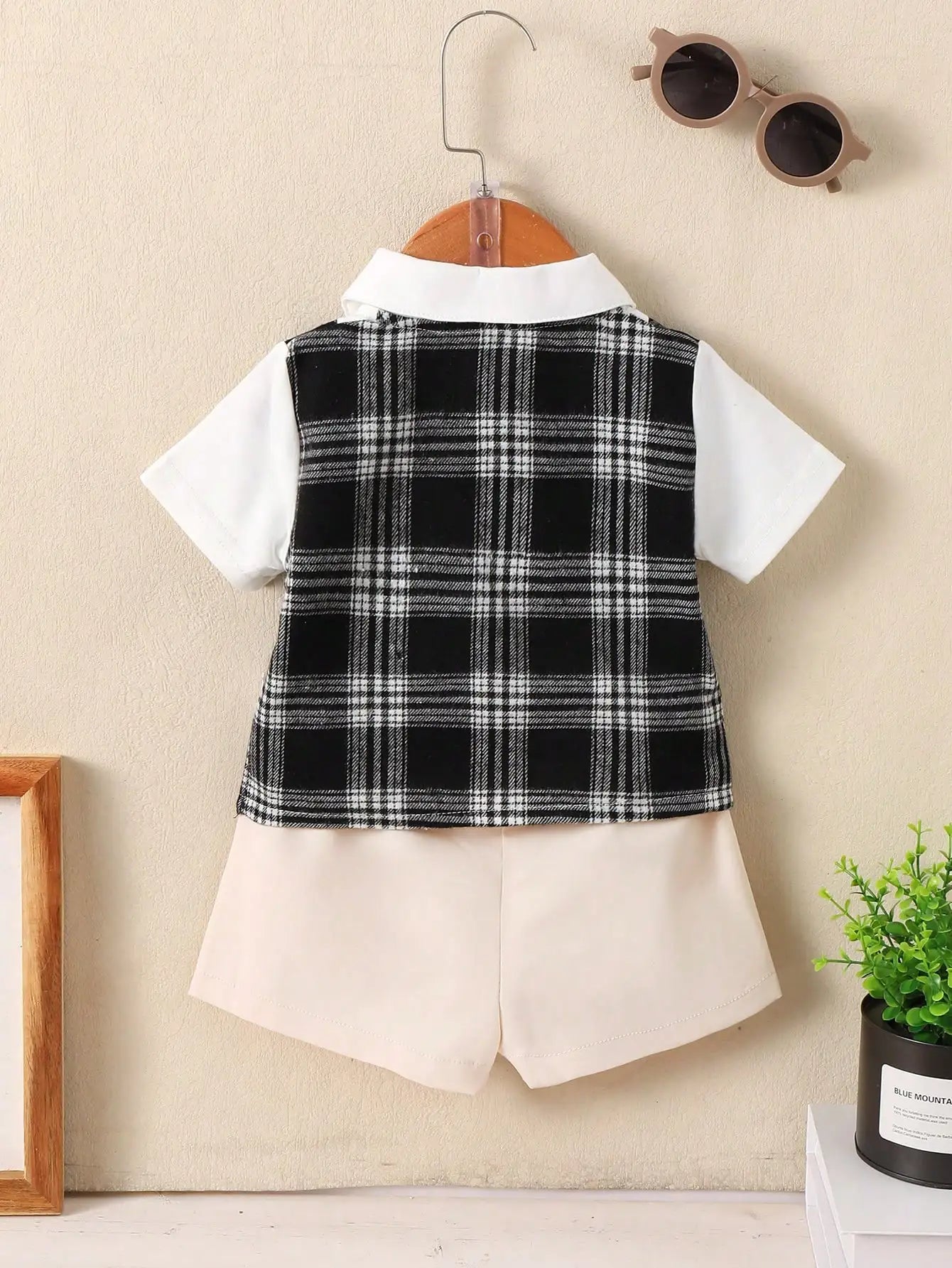 Baby boy Set Lapel collar Plaid Top+Shorts 2-piece set suitable for 0-3 Year old Baby boys, Summer Party Little Gentleman Set