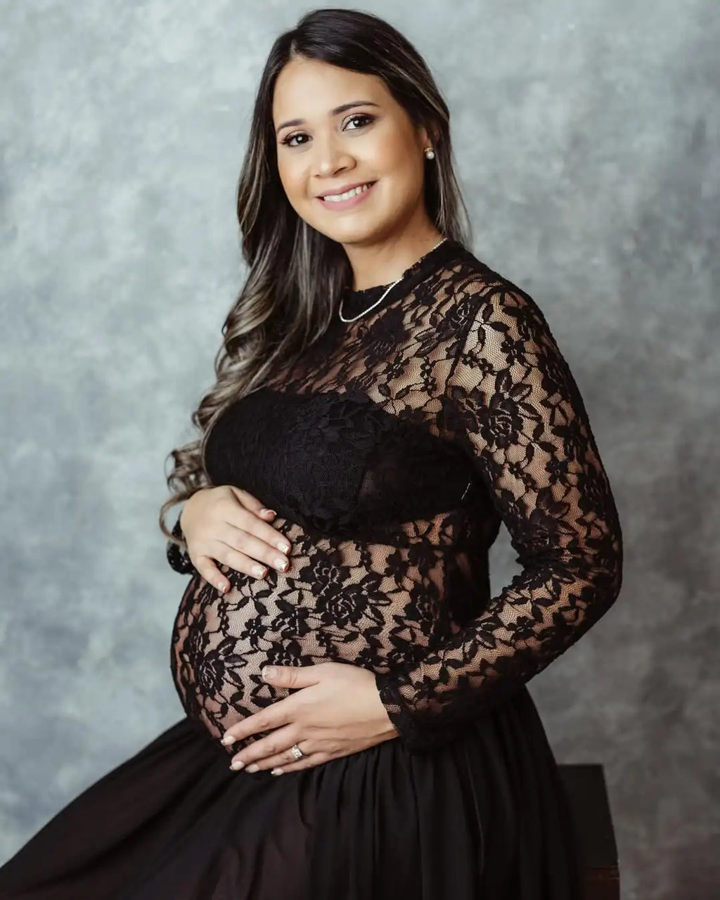 Maternity Long Sleeves Lace Dress See-Through Bodysuit and Maxi Chiffon Skirt 2Pc Outfit for Photoshoot Baby Shower