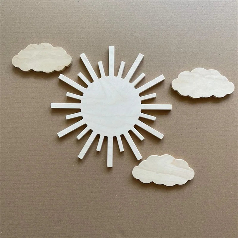 4Pcs Scandinavian Style Wooden Sun and Cloud Wall Decor Set Natural Wood Home Wall Art Decoration Neutral Bohemian Boys and Girls Room Decor Wall Decoration Sun