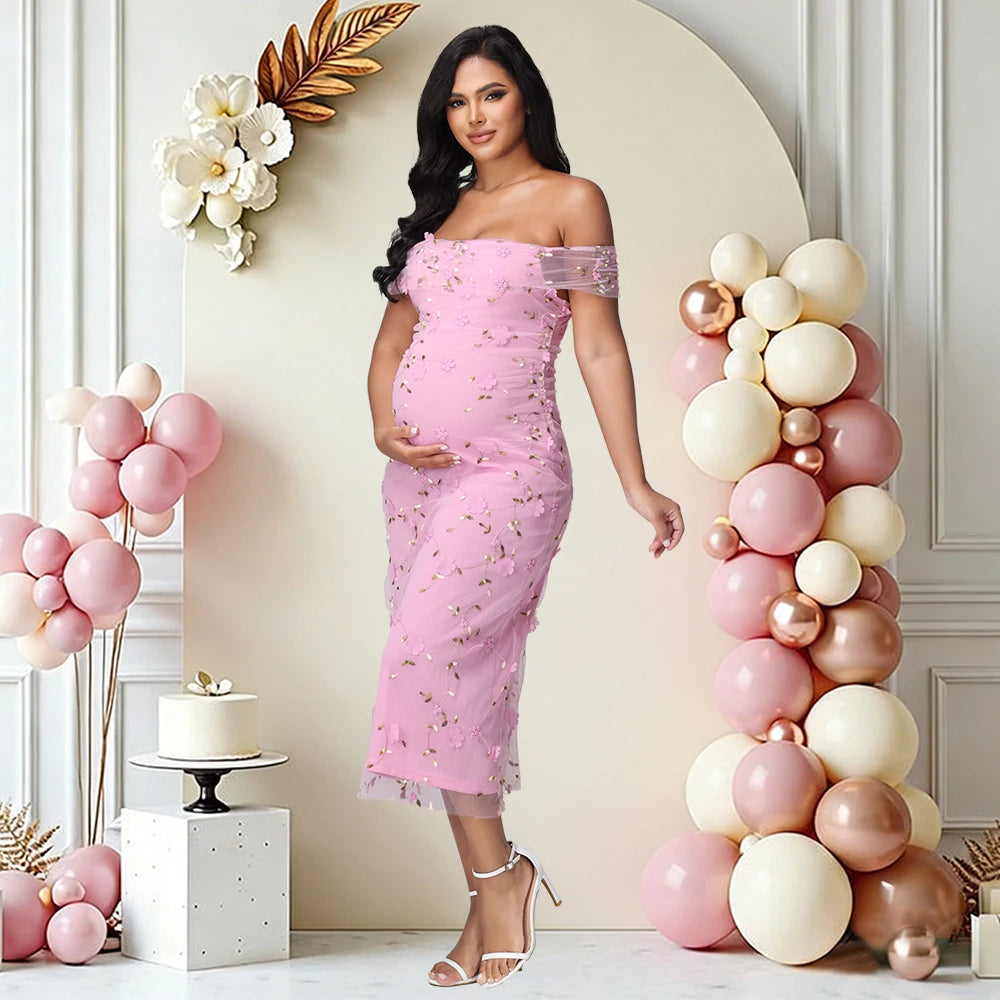 Maternity Off Shoulder Twist Floral Mesh Midi Dress Elegant Wedding Party Pregnant Women Gown for Baby Shower Photoshoot