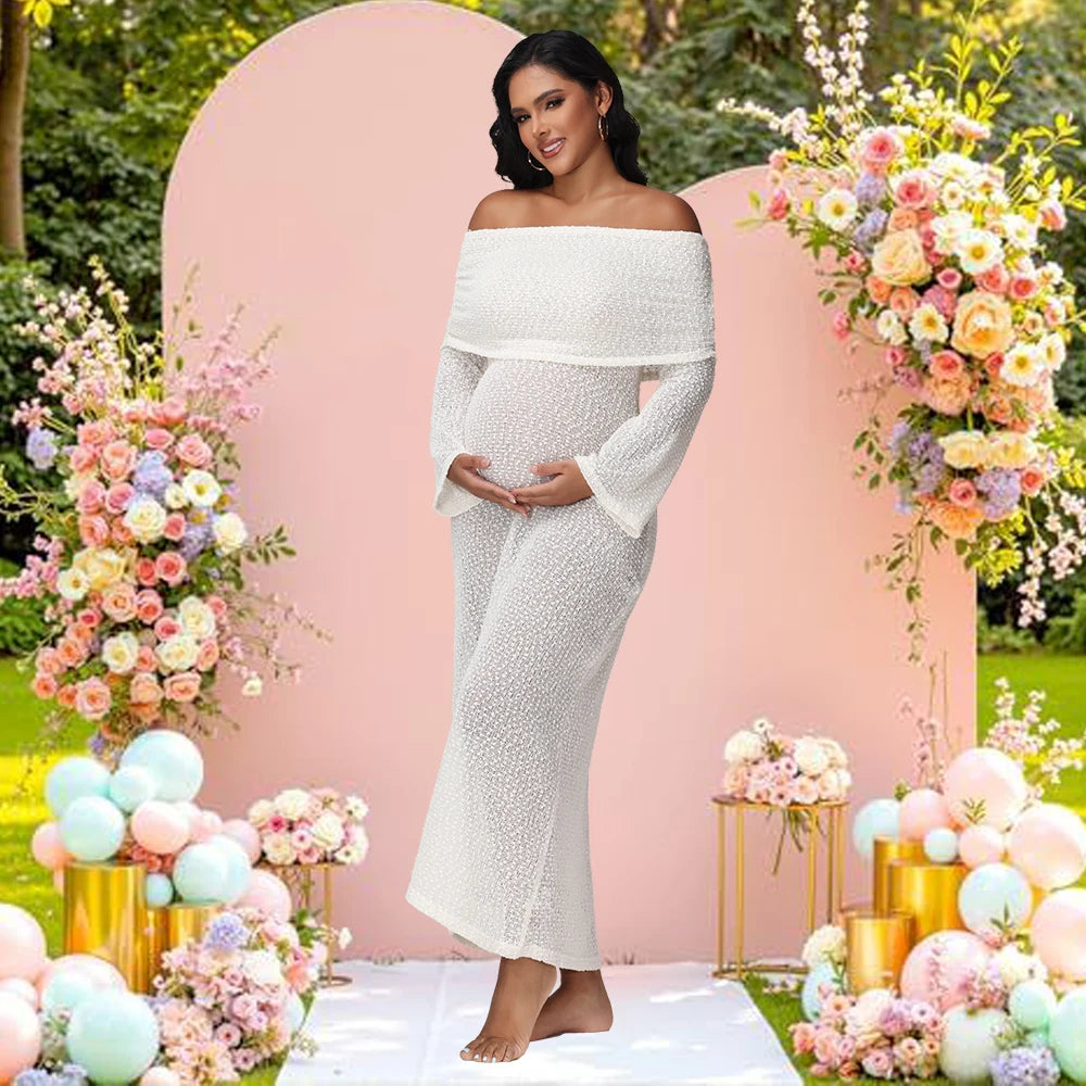 Maternity Off Shoulder Long Sleeves Semi-Sheer Knit Solid Dress for Baby Shower Party Photoshoot