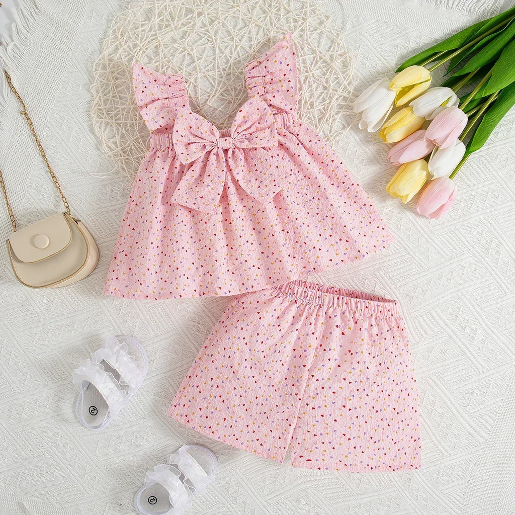 2pc/Set Baby Girl Set Summer Love Polka Dot Bow Top Shorts Girls' Clothing Cute Beach Children's Set