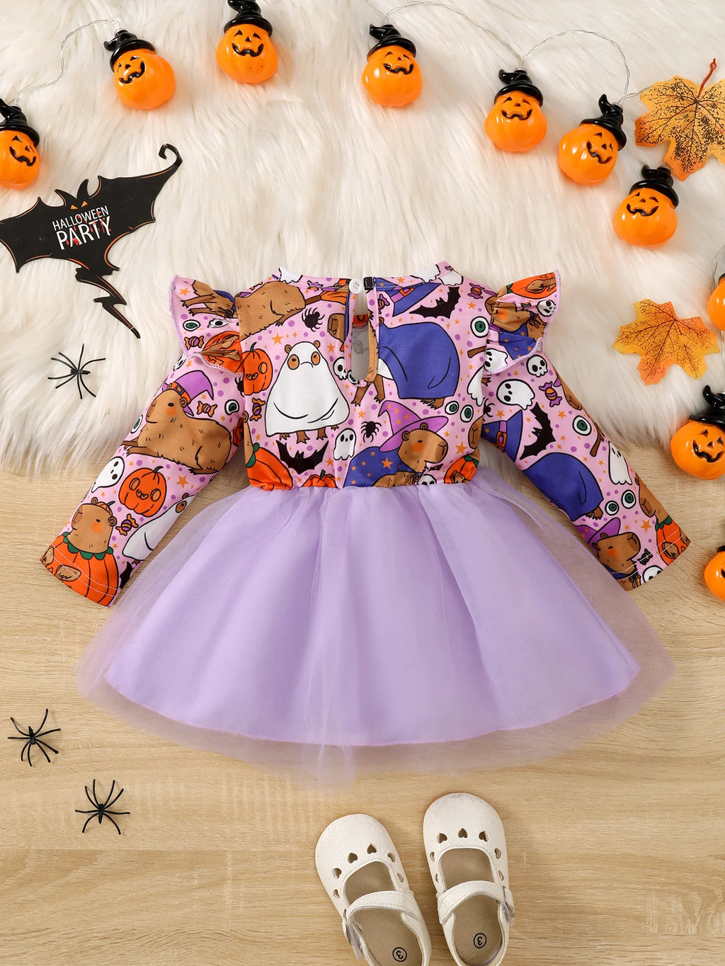 0-3 Year Girl Halloween Dress Round neck Cartoon Halloween Element  Tulle Long sleeved Dress Girl Halloween Party  Dress