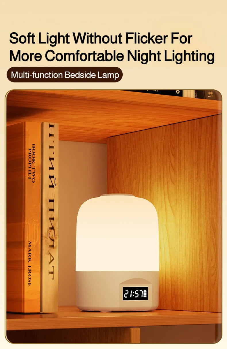 LED Bedside Lamp with Clock Display Touch Control Dimmable Night Light USB Rechargeable for Bedroom Baby Feeding