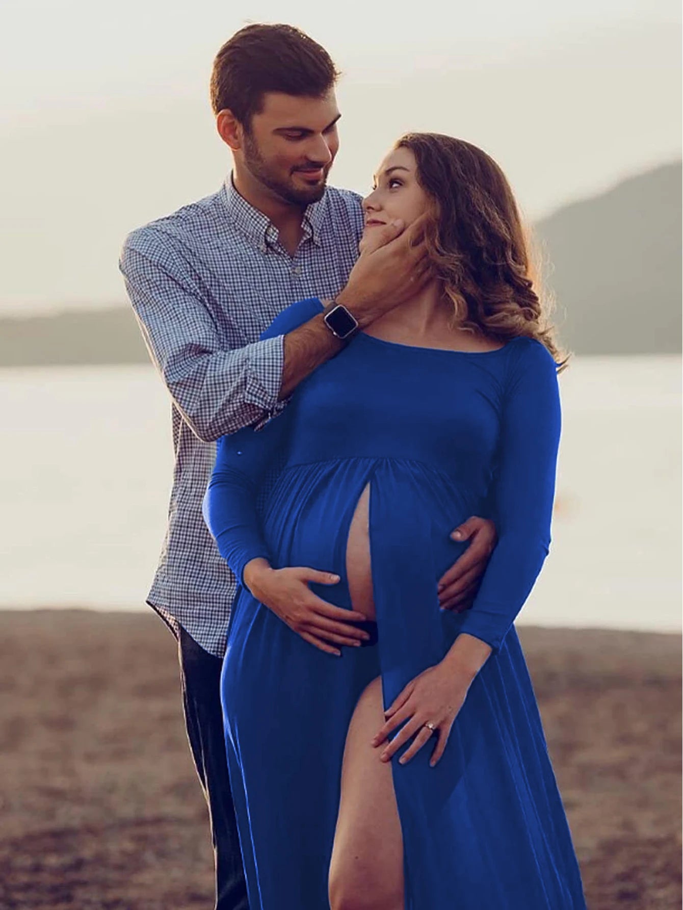 Maternity Sexy One Shoulder Front Slit Long Sleeved Dress for Pregnant Women Photo Photography Dress Ladies Dess Wedding Party