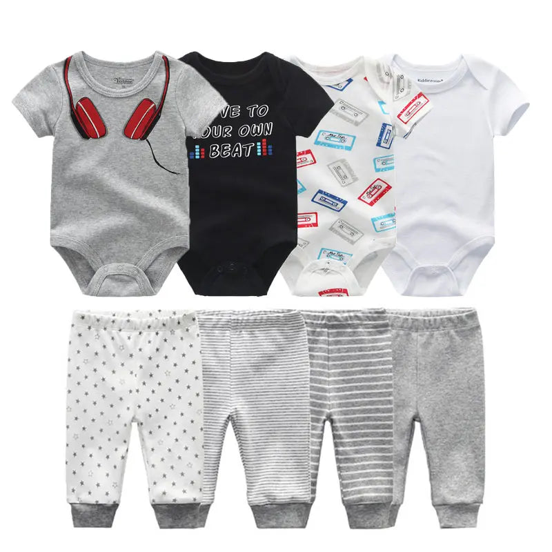 8-Piece Cartoon Cute Baby Boy Girl Bodysuits+Pants Cotton Newborn Unisex Short Sleeve Onesies Trousers 0-12 Months Infant Clothe