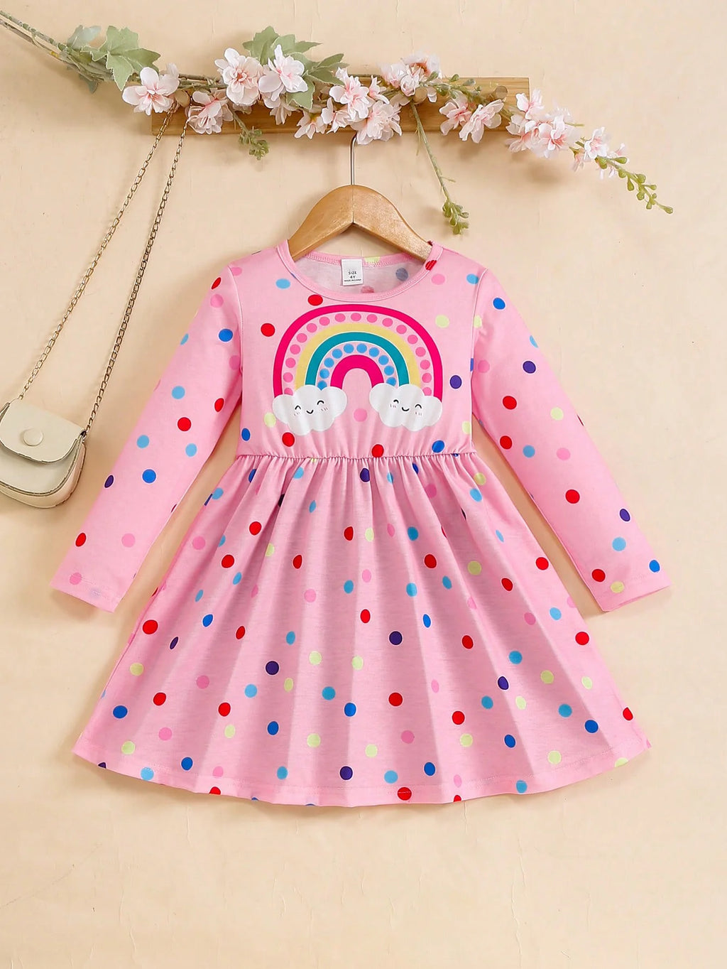 4-7 Year Children Girls Spring  Autumn Dress Rainbow Polka Dot Long sleeves Dress Girl  Fashionable Clothing