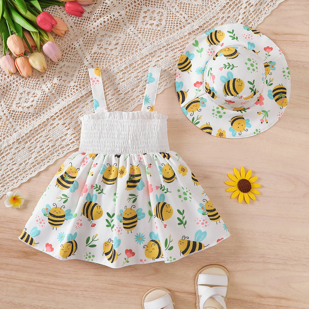 Baby Girl Dress Cartoon Bee Printed Strap Dress+Hat 2Pcs/Set 0-3 Year Old Cute Baby Girl Summer Dress Set Baby clothing