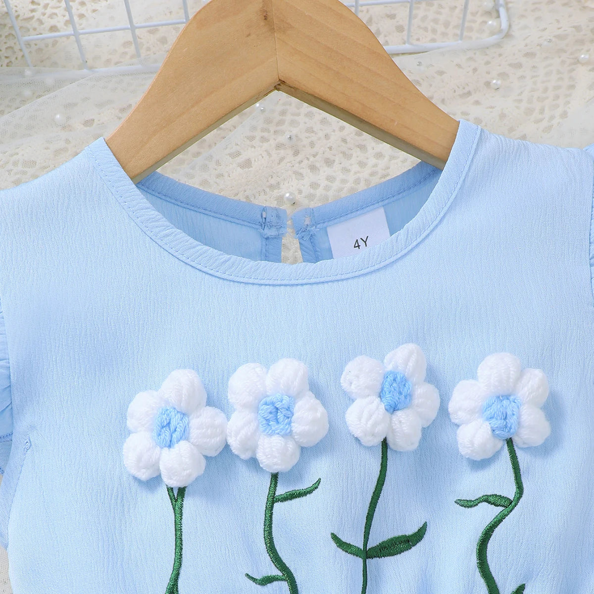 1-6 Year Girls' Summer Dress Round neck Beautiful Knitted Small Flower Embroidered Dress+Mini bag Set girls' Fashionable Dress