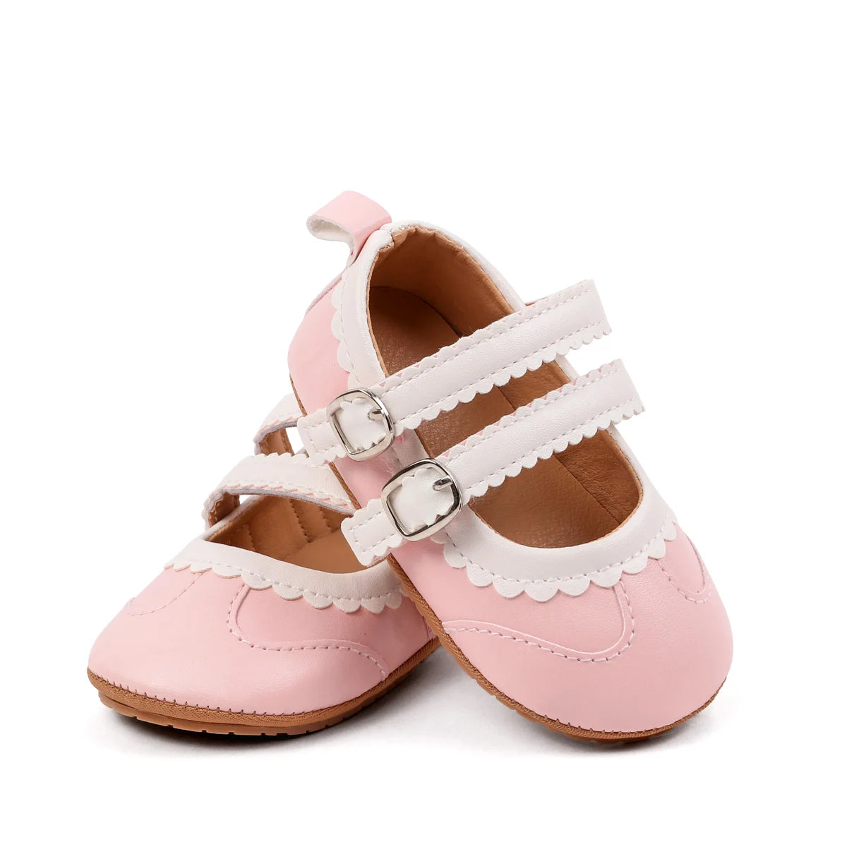 0-18 Months Infant Pre-walker Shoes, Scalloped Lace Trim Dual Buckle Strap Soft Non-slip Rubber Sole Indoor Baby Mary Jane Shoes