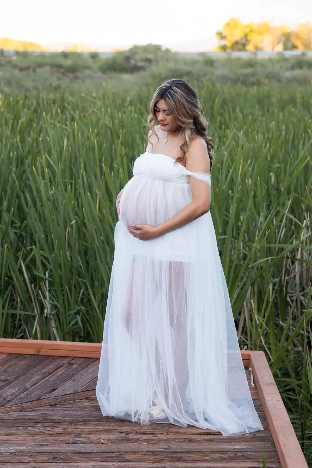 Maternity Lace Mesh Long Dress Pregnancy Shouldless Maxi Gown Dresses Soft Tulle Fabric Strapless for Baby Shower Photo Shoot