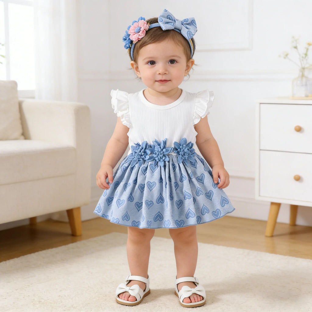 Baby Girl dress Round neck Flying sleeves Heart print Dress+Bow for 0-18 Months Summer Baby girl Fashion Sweet Princess Dress