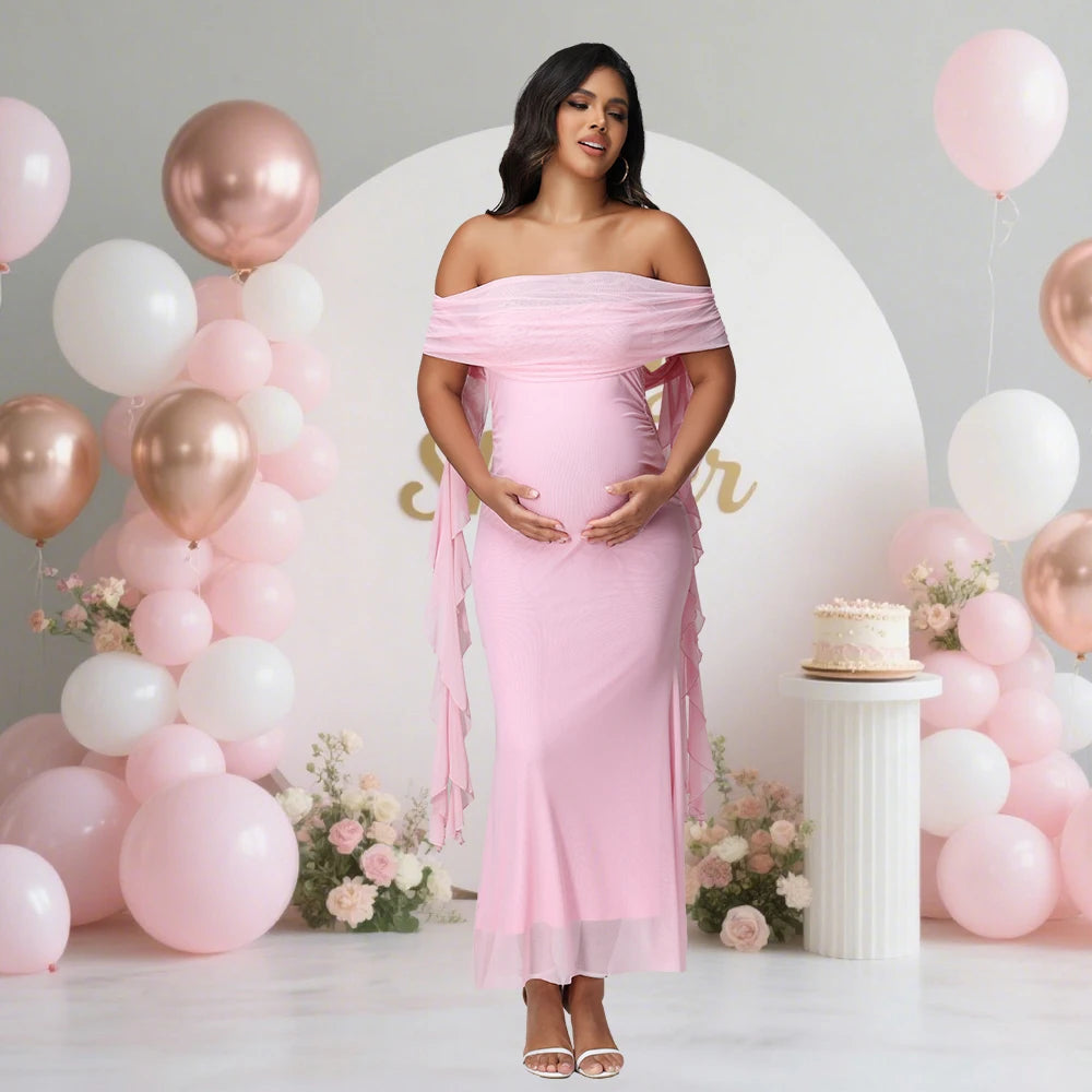 Maternity Mesh Off Shoulder Women‘s Dress for Photoshoot Exquisite Strapless Ruffle Drape Long Gown for Baby Shower