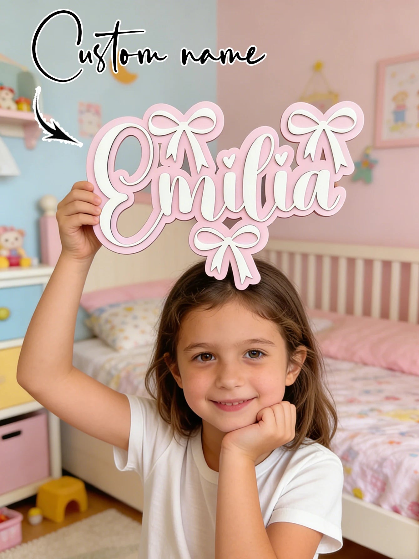 Personalized Wooden Name Sign for Girls – Pink Bow Heart Cursive Nursery Wall Decor