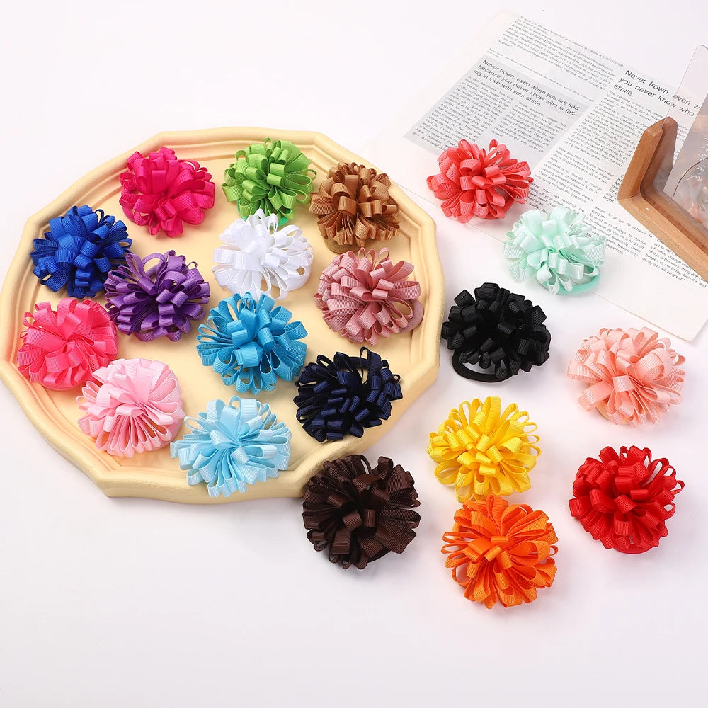 10Pcs random color ribbon flower hair band for girls ponytail head rope elastic embroidered ball headband hairdress