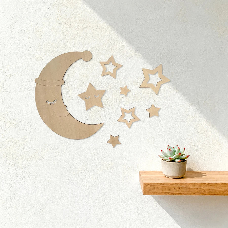 Nordic Style Christmas Hat Wooden Moon Hollow Star Wall Stickers Decoration Home Wall Decoration Stickers Photo Props Cute Wooden Wall Stickers Holiday Decoration Wall Art
