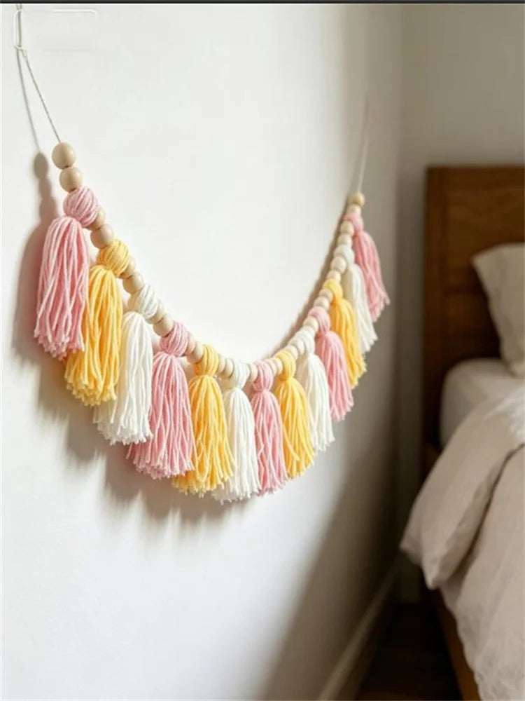 Bohemian Pink and Yellow Tassel Banner for Decoration, Handmade Tassel Garden, Home Children's Room Decoration, Fireplace Banner - Baby World SA