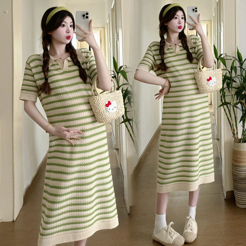 Summer Postpartum Woman Breastfeeding Dresses Short Sleeve Turn-down Collar Hollow Out Striped Maternity Straight Nursing Dress