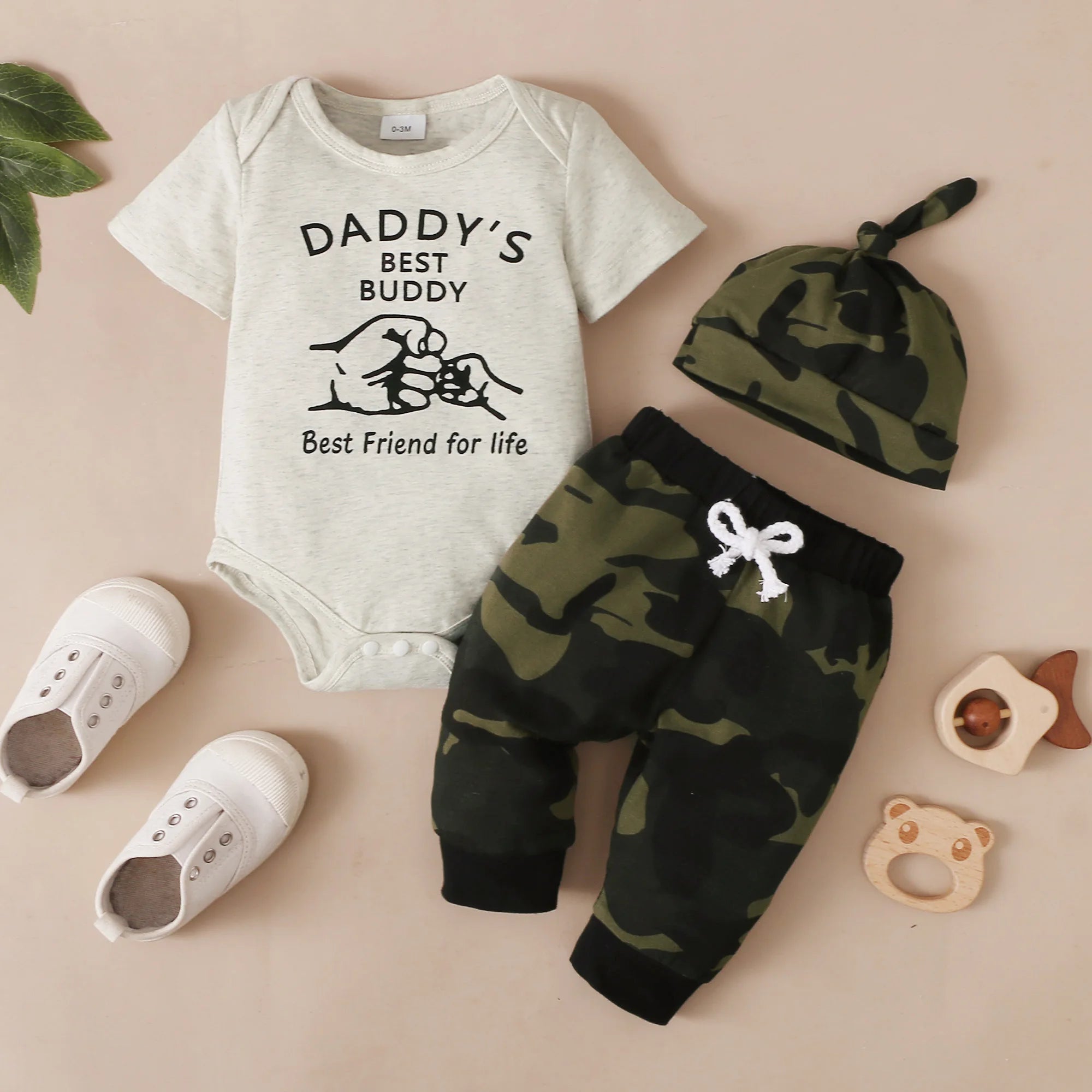 Newborn Baby Boy Set Daddy Baby Letter Printed Camouflage Pants and Hats 3Pcs/Set for 0-18 Months Boys Summer Camouflage Set