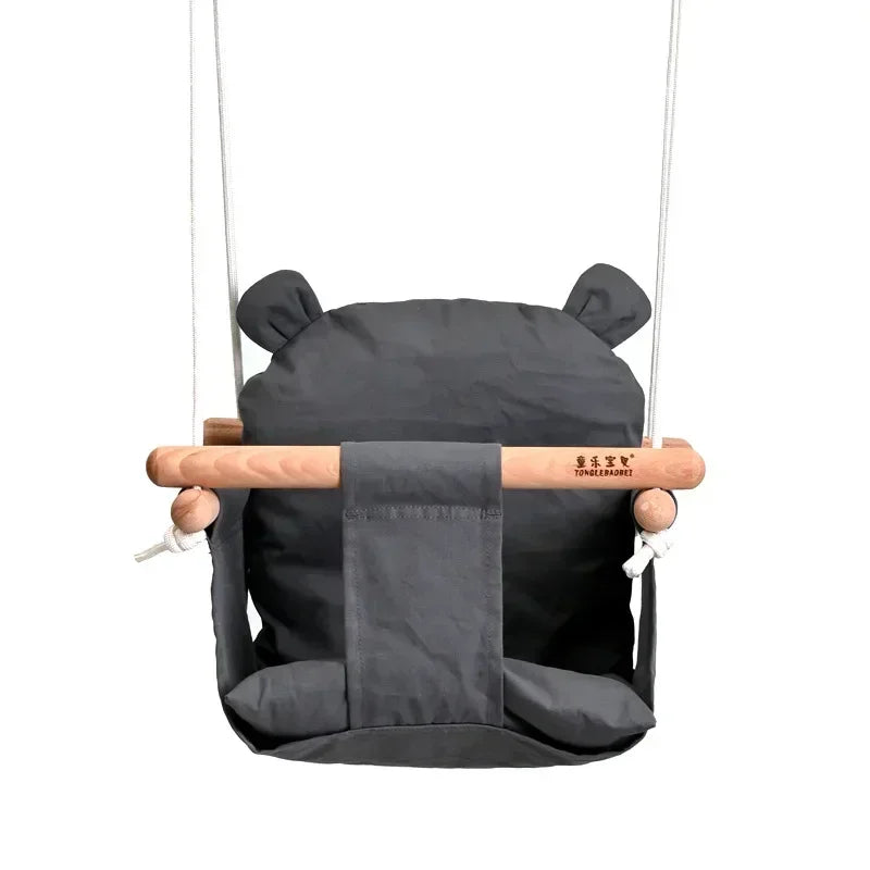 Beige Canvas and Wood Baby Swing Chair - Indoor Outdoor Hanging Toy