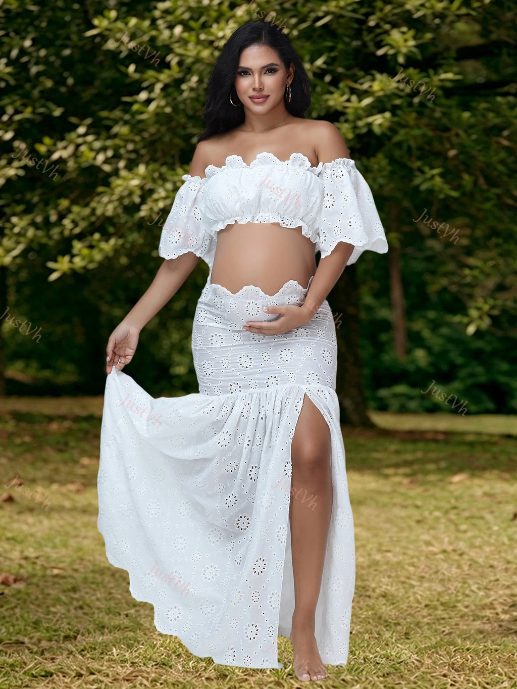 Maternity 2 Pieces Set Dress for Photoshoot Floral Embroidery Ruffle Short Top & Side Slit Long Skirt for Baby Shower