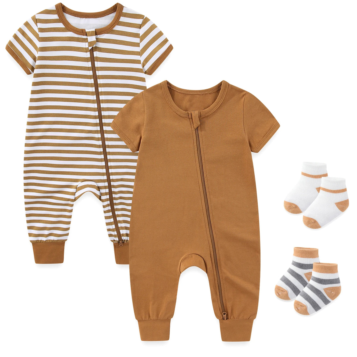 Simple Fashion Baby Unisex Jumpsuits Zipper Rompers 2 Pack Short Sleeve 0-24M Infant Clothes