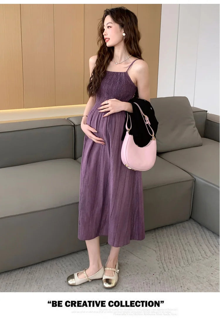 2026 Spring Maternity Dress Suits Long Sleeve Cardigans Strap Dress Twinset Pregnant Woman Clothing Set