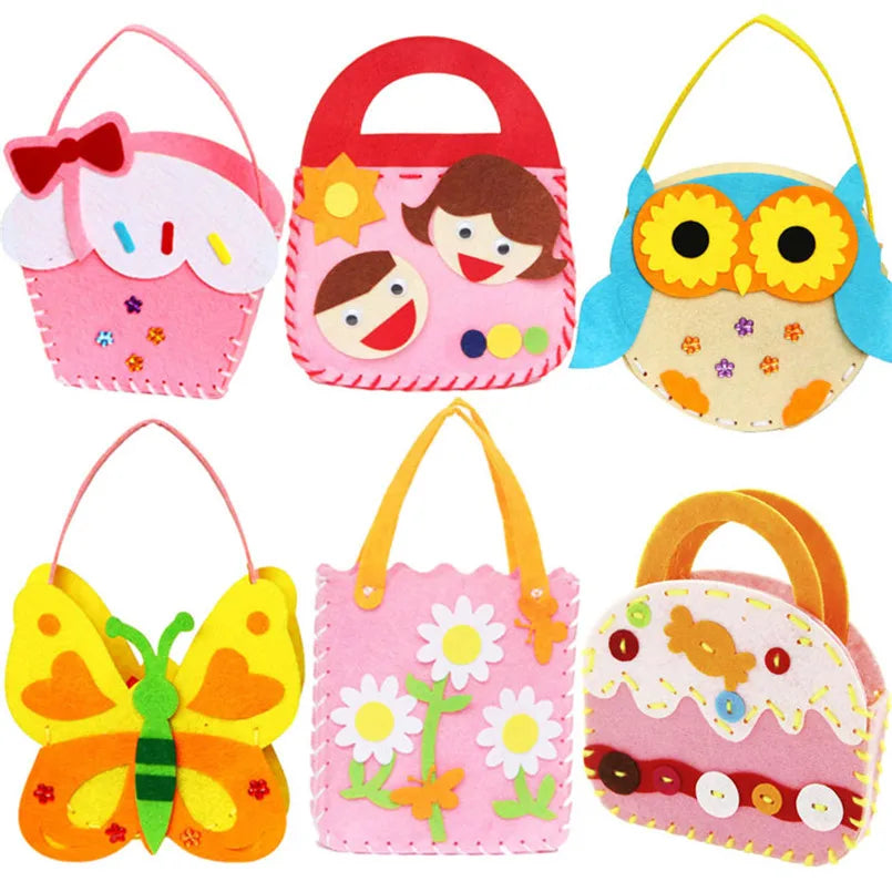 6 pcs Children Cartoon Non-woven Handicraft Toys Kids Handmade Bag DIY Animal Flower Handbags Crafts Art Sewing Toy Craft
