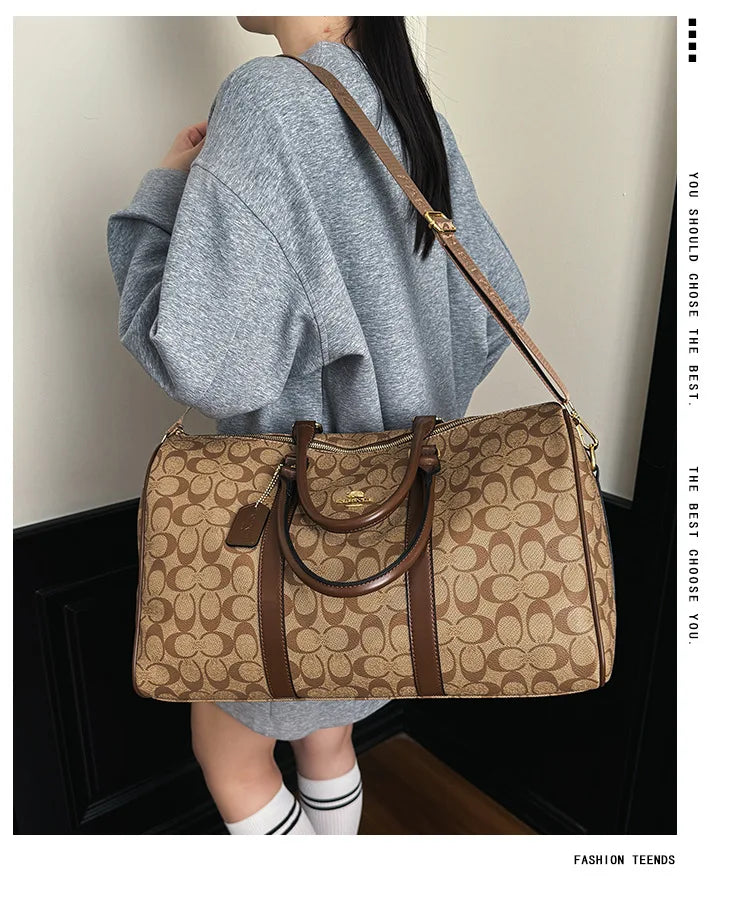 Classic Vintage Monogram Travel Duffle Bag, Trendy Versatile Overnight Weekender Bag with Top Handles & Adjustable Strap