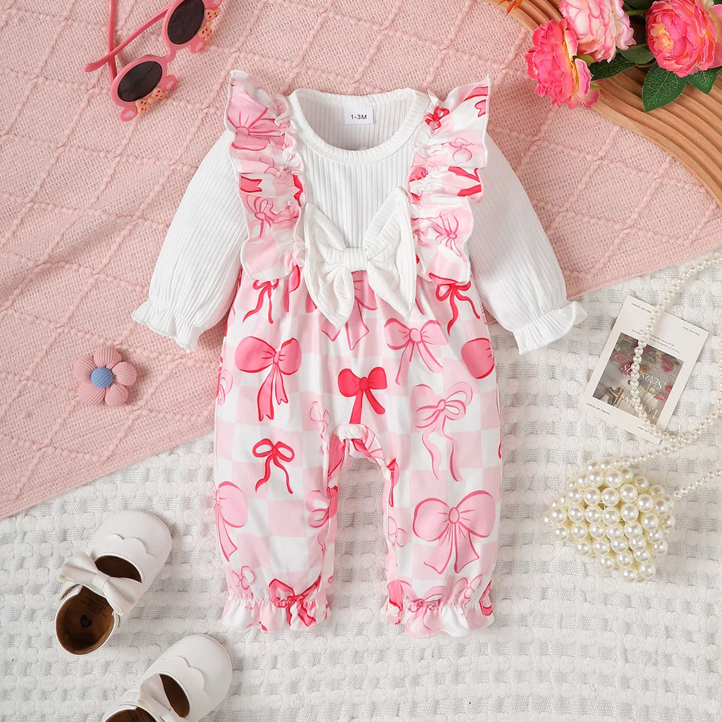 Newborn Baby girl Bodysuit Ruffled edges Bow print Bodysuit for 0-18 Months Cute Baby girl Spring and Autumn Crawling Clothes