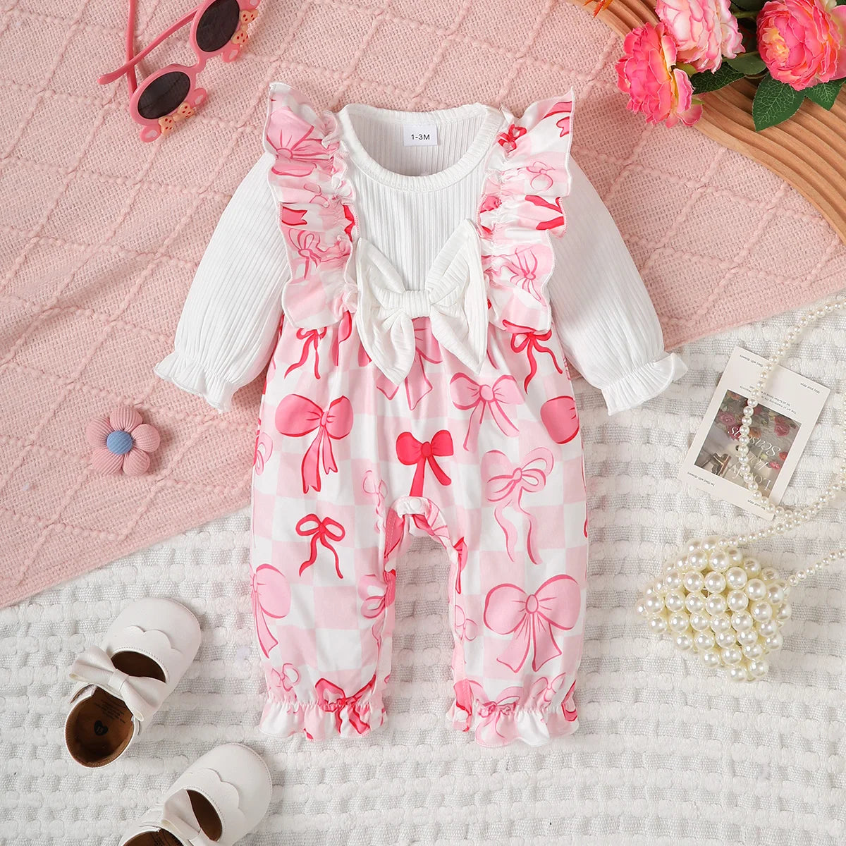 Newborn Baby girl Bodysuit Ruffled edges Bow print Bodysuit for 0-18 Months Cute Baby girl Spring and Autumn Crawling Clothes