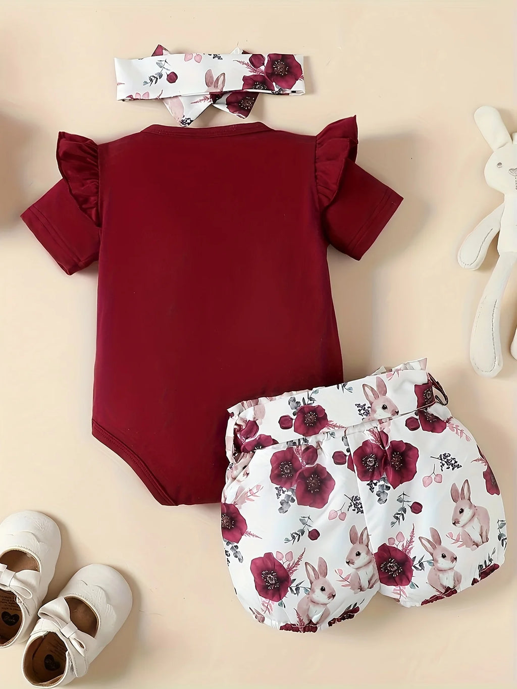 0-18 Months Newborn Baby girl Flying sleeve Cute Small Rabbit Jumpsuit+Rabbit Printed Shorts Set Baby girl Easter Costume