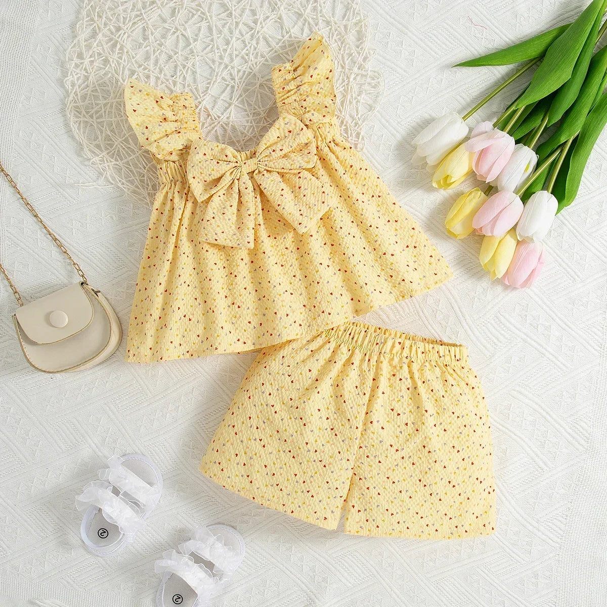 2pc/Set Baby Girl Set Summer Love Polka Dot Bow Top Shorts Girls' Clothing Cute Beach Children's Set
